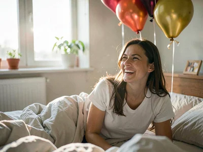 Person waking to birthday balloons in room, the surprise morning, joy before ful