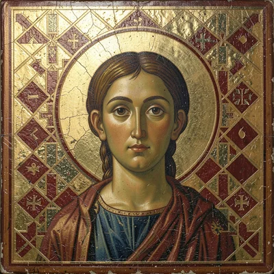Mosaic pattern of interlocking crosses and lozenges in deep red and gold