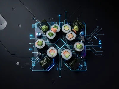 Circuit board made of sushi rolls and nori strips, components are wasabi and gin