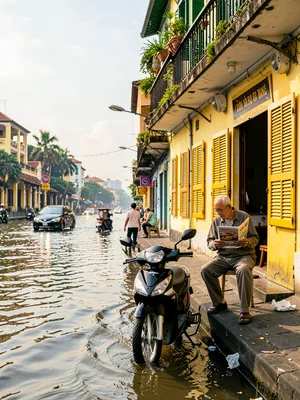 Elderly man reading in yellow colonial doorway