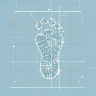 Cyanotype drawing of a researcher's bootprint frozen in the grid, dimensions cal