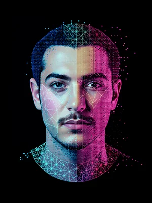 Portrait dissolving into pixel grid, face half-visible, digital entropy