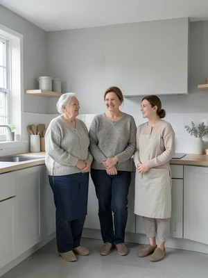 Multigenerational portrait, grandmother, mother, daughter, kitchen setting