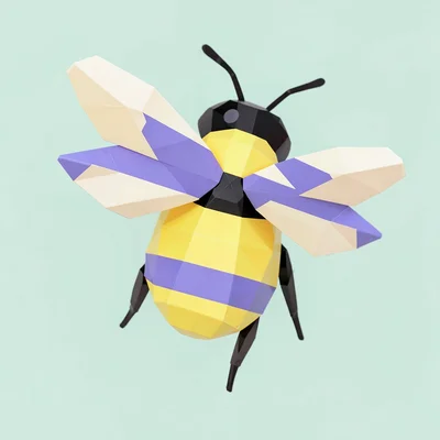 Buzzing butter-yellow lowpoly bee with cream wing facets and chunky lavender str