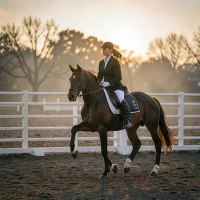 moody outdoor dressage ring at dawn, soft haze