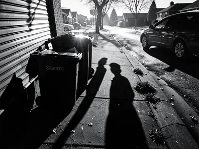 Recycling bins at curb, dramatic shadows revealing ordinary secrets, domestic su