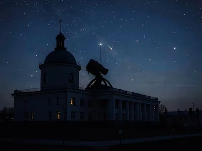 First stars appearing behind observatory silhouette