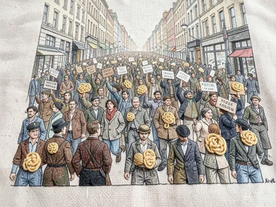 A crowd of protesters filling a wide avenue, each figure a cluster of French kno