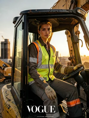 Crane operator in cab, golden hour light, portrait of industrial elegance