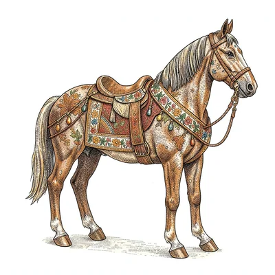 Kalamkari pen illustration, a horse with decorative saddle and bridle , hand-dra
