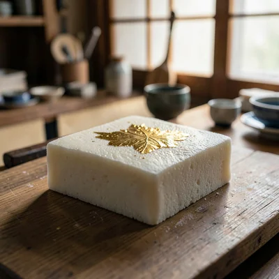 Kanazawa gold leaf craft, extreme delicacy, gold leaf on soft tofu dessert, sing