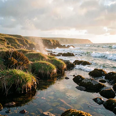 Connemara bog light, Atlantic silver, Atlantic waves meeting rocky shore, spray 