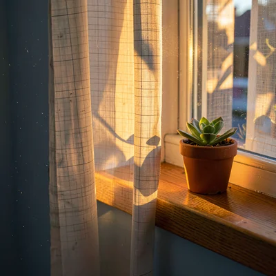 Backlit succulent on windowsill in morning light