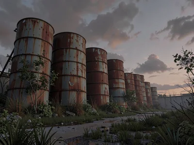 Rusted tank farm at dusk with eight cylindrical storage drums leaning at slight 