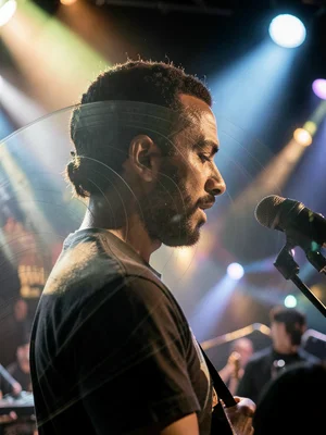 Musician's profile merged with vinyl record grooves and concert spotlights, doub