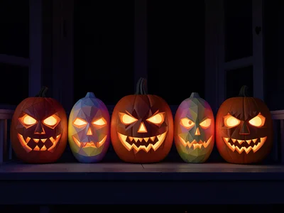Carved pumpkin lineup on porch railing, each with different face, lit