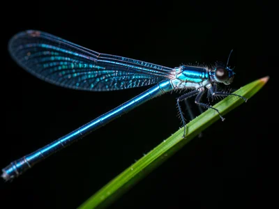 A damselfly in metallic blue, resting on a grass blade, its elongated abdomen cr