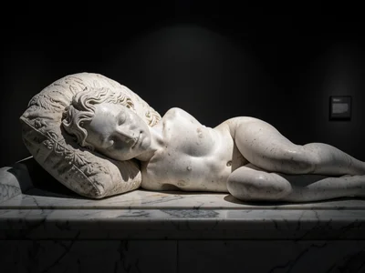 A sleeping figure on a marble couch, the stone pillow appearing to compress unde