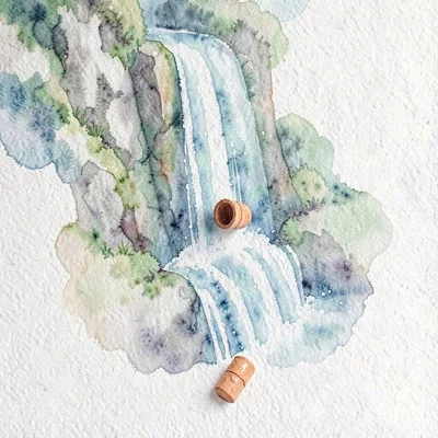 abstract three-step waterfall flow with a small terracotta capsule cascading dow