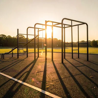 Empty playground equipment casting long shadows in honeyed light
