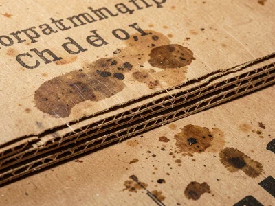 Cardboard with stamped text impression, ink transferred from stacked printed mat
