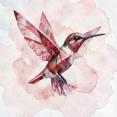 Petite ruby lowpoly hummingbird hovering with crystalline wings frozen in a blur