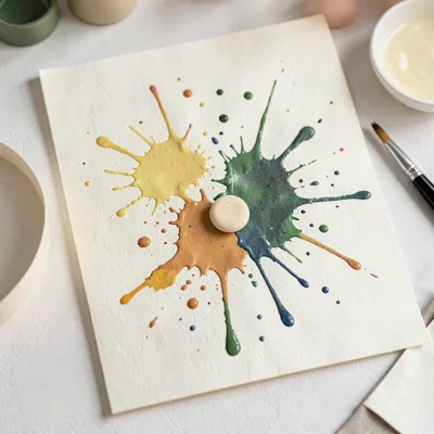 Papercraft motif of paper-cut paint splatters across cream paper, soft butter pa