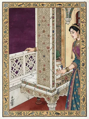 Detailed jarokha balcony — carved marble lattice, a woman's hand resting on the 