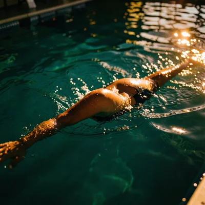 A swimmer emerging from a pool, water catching golden light, the pool water deep