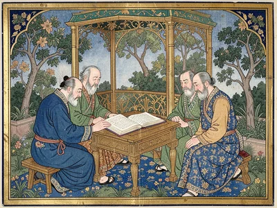Scholars gathered around an open manuscript in a garden kiosk
