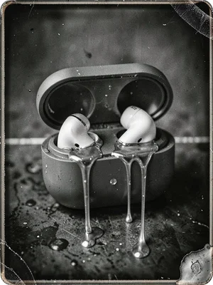 Wireless earbuds case open, buds nestled inside, silver nitrate runs creating or