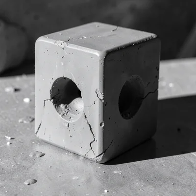 Pencil sharpener reimagined as a brutalist solid cube with one circular intake r