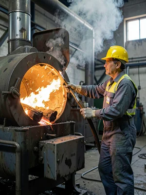 Factory worker against furnace