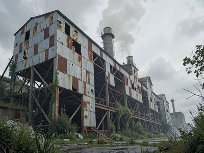 Power station boiler house exterior with patchwork of corrugated panels missing,