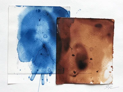 Two-color monoprint, separate plates in blue and rust-brown overlapped with slig