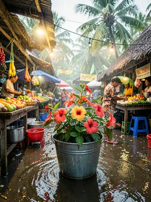 Humid tropical market light in Suva, Fiji, Hibiscus flowers in a bucket of water