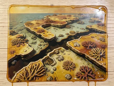 A coral reef seen through shallow crystal water with dark deeper channels betwee