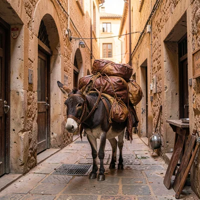 Through the Fes tannery eye, leather and dye craft, A donkey carrying leather go