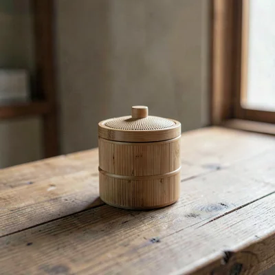 A small bamboo tea caddy with knurled lid sitting central on raw oak plank, soft