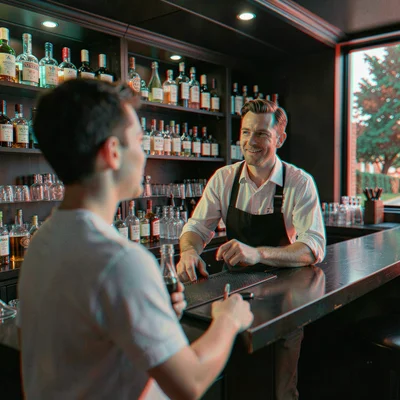 Anaglyphic stereo 3D photograph, Bartender behind bar with bottles on shelves be