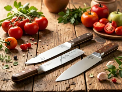 Kitchen knife collection with metallurgy diagram showing blade construction