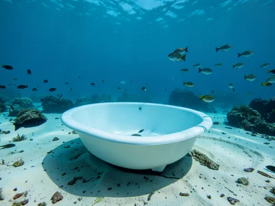 Bathtub in the ocean — a bathtub sitting on sandy ocean floor, fish swimming pas