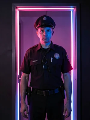 Security guard standing in neon doorway, bored face lit half pink half blue, gua