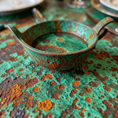 Oxidized copper gravy boat, green patina, heirloom table setting