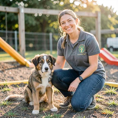 Available-light portrait of a smiling volunteer kneeling beside a shy mixed-bree