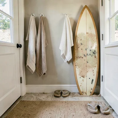 beachy mudroom with sand-dusted flip-flops, towels on hooks, surfboards
