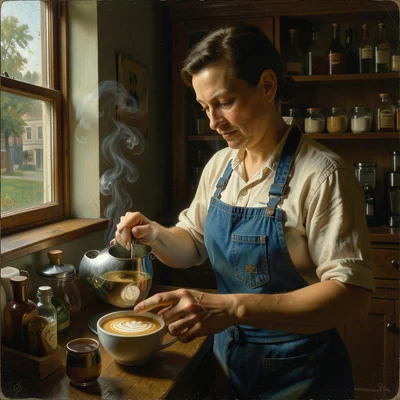 A barista pouring latte art, lit by a single window to the left, steam catching 