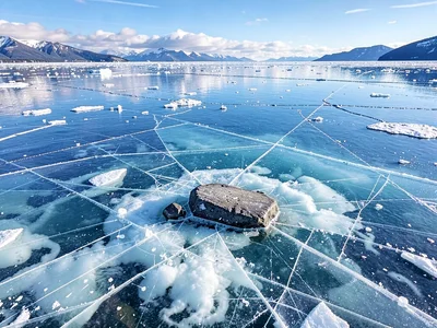 Stone visible on lake bed through thick clear ice