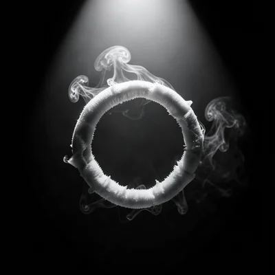 Smoke ring frozen in air, sharp edges, theatrical spotlight from above