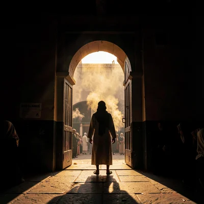 Dramatic light through darkness in Addis Ababa, Ethiopia, Monk silhouette in Deb